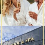 Lächelndes Paar in Bademänteln mit Champagner; unten, Pool & Spa mit Kosmetiker- und Wellnessmasseur-Dienstleistungen Ab August 2025 in einem modernen Glasgebäude.