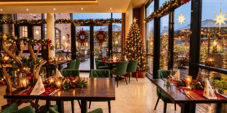 Das festlich geschmückte Restaurant „Basedow“ mit Weihnachtsbaum, Kränzen, Girlanden und Weihnachtskerzen auf den Tischen. Das festlich geschmückte Restaurant „Basedow“ mit Weihnachtsbaum, Kränzen, Girlanden und Weihnachtskerzen auf den Tischen.