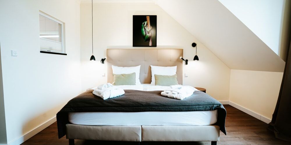 Modernes Doppelzimmer mit einem ordentlich gemachten Bett, zwei Bademänteln für zusätzlichen Komfort, sanfter Beleuchtung und einem Kunstwerk über dem Kopfteil.